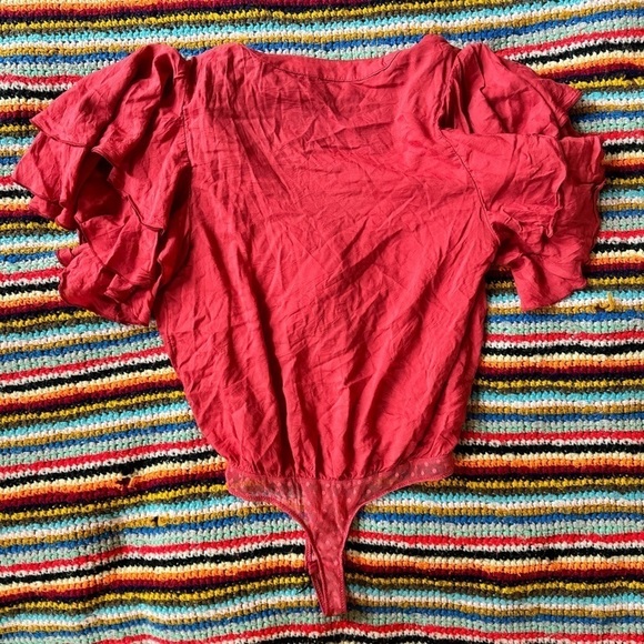 Free People Intimately Call me Later Red Bodysuit Ruffle Sleeve Deep Vneck Small - Picture 5 of 7